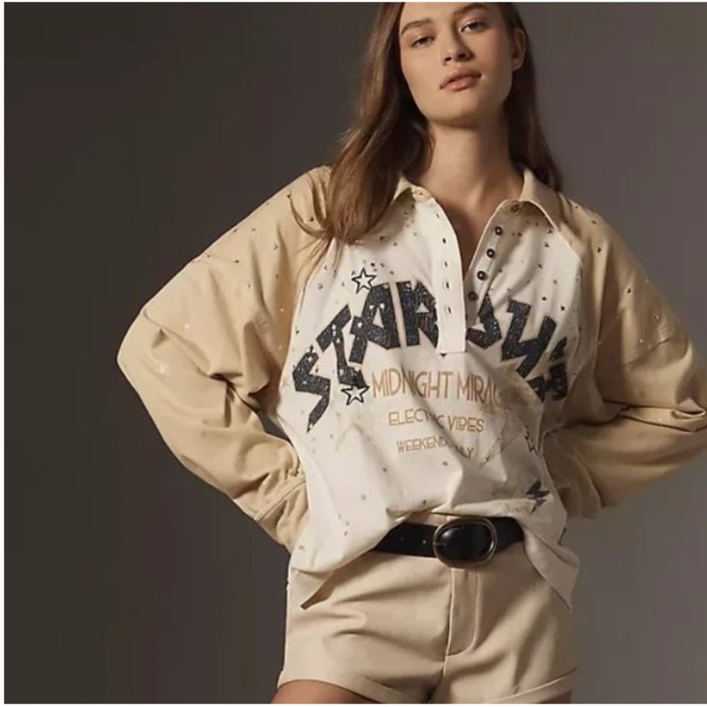 Anthropologie PILCRO Long-Sleeve Oversized Stardust embellished pullover size XS